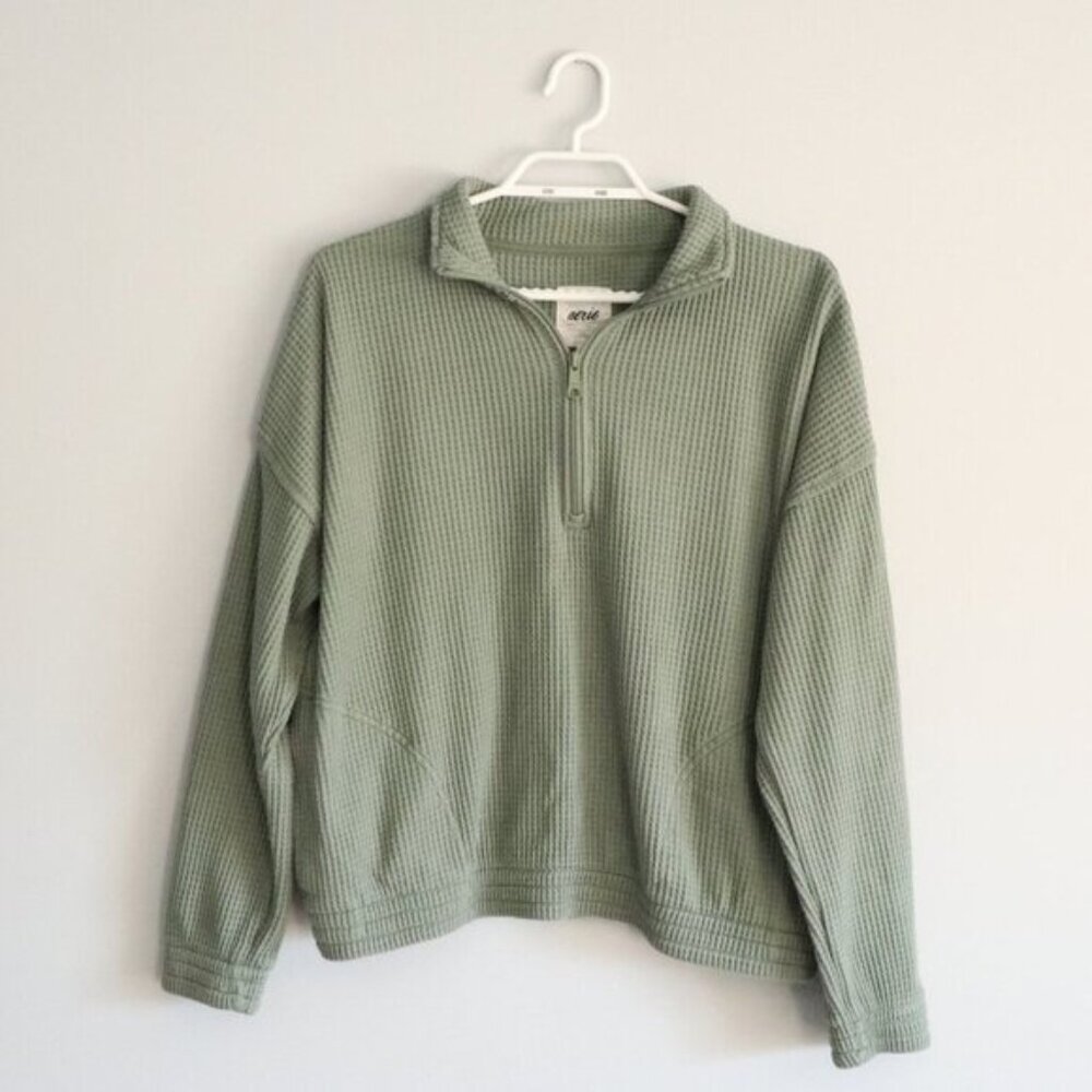 Aerie Women's Green Sz M 1/4 Zip Waffle Knit Relaxed Stretch Pullover Sweater
